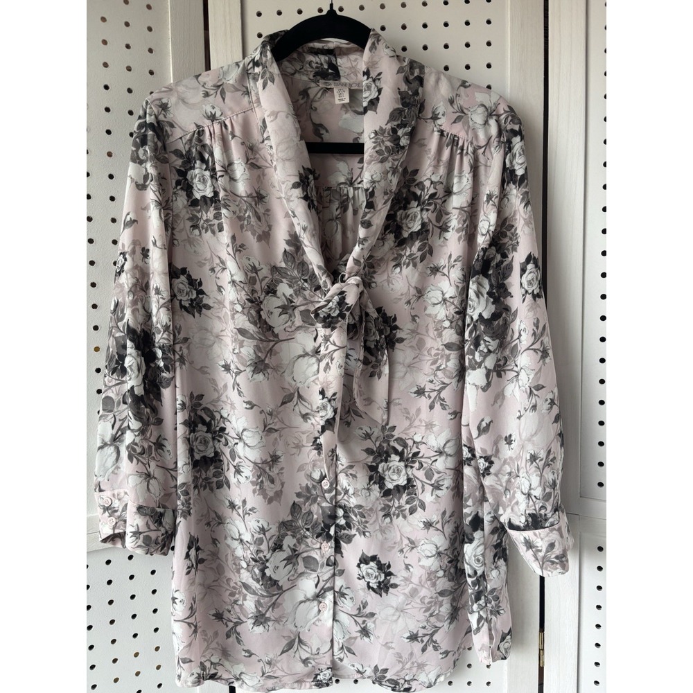 Eliane Rose Womens Floral Front Tie Neck Blouse Top Size Large Pink 3/4 Sleeve